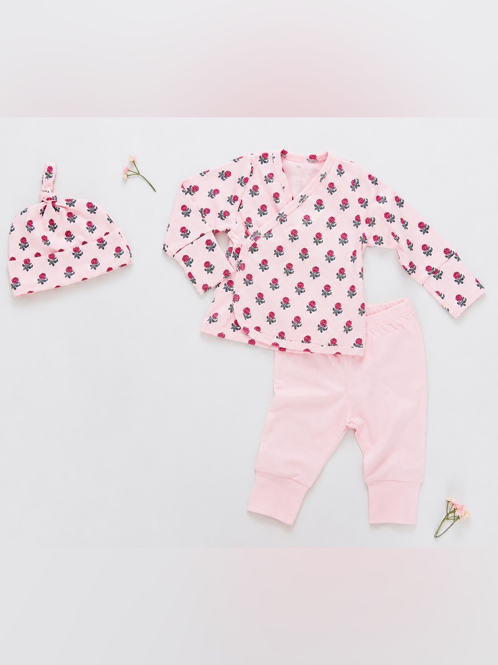 Pink Chicken Pink Floral Wrap Pajama Set with Knot Hat-Size 0-3M